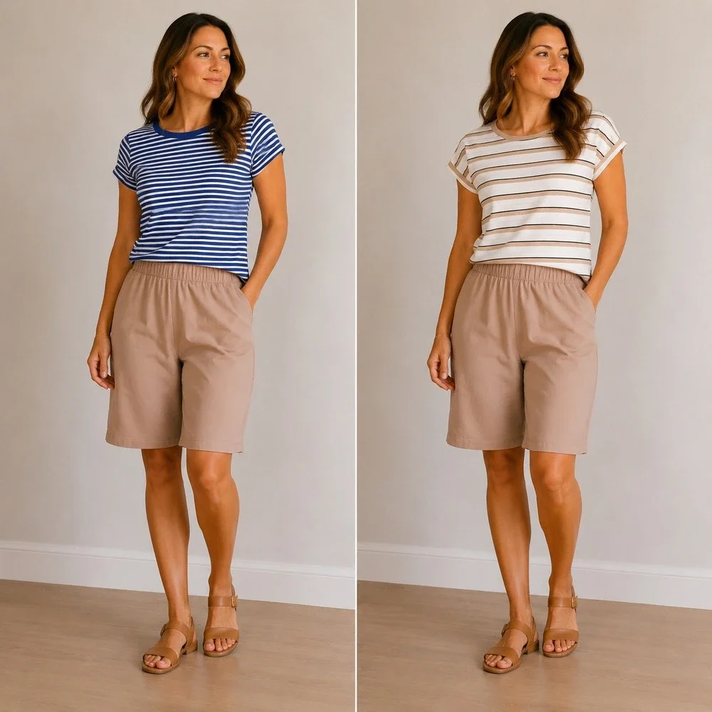 Lands End Casual Tees +‎ Short Set Women Medium Petite Blue Tan Striped Pockets